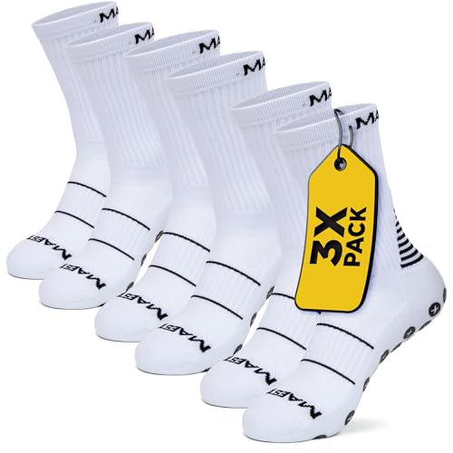 Maestro Grip Socks - Calcetines antideslizantes para hombre y mujer - Calcetines antideslizantes para fútbol, fútbol, baloncesto, hockey, Blanco, Large