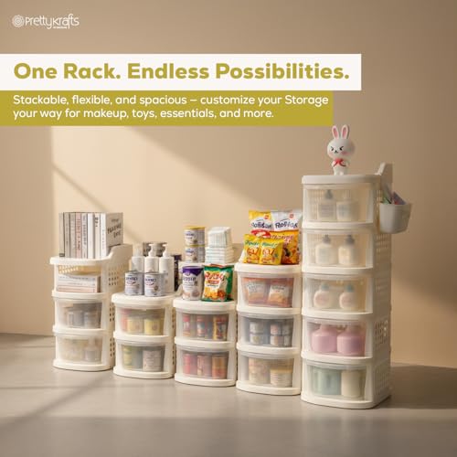 Image of PrettyKrafts 5 Tier Plastic Storage Drawer Cabinet with Wheels /Modular Storage Drawer Organizer with Side Basket & Integrated Handle /Plastic Storage Trolley Rack for Home /Kitchen /Office /Books