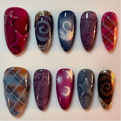 Press On Nails Almond - 24Pcs False Nails Medium Length - 3D Stars Fake Nails With Glue - Full Cover Acrylic Stick On Nails For Women - Gilded Stars & Moon