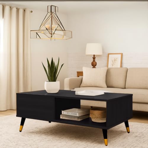 Image of MATTERHORN Noir Coffee Table - 1000x550x500 mm (LxBxH), Engineered Wood & Steel with Black & Gold Legs, Free Assembly, 1-Year Warranty - Modern Center Table for Living Room (Ebony Black Finish)