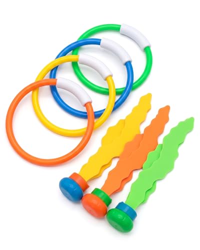 HAPZUR Jouets de Plongée Enfants 7 Pièces | 4 Anneaux de Plongée & 3 Algues Lestées | Kit Jeux Piscine pour Apprentissage & Amélioration Nage
