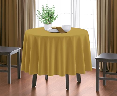 Image of HOME COLORS.IN Plain Solid Cotton 4 Seater Round Table Cover - Durable - Machine Washable - Every Day use Dining Table Cloth - 60 x 60 Inch - Reef Gold