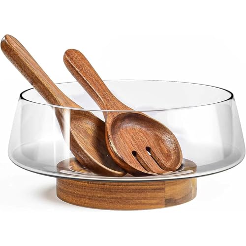 WSFYTAM Set Grands Bols À Salade en Verre – Bols À Salade pour Fête avec Fond en Bois D'acacia Et Ustensiles Service À Salade – Élégant Et Pratique, Un Incontournable pour La Cuisine,Marron