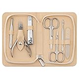 Chali® Set Manicura Pedicura 7 pcs, Set Cuidado Uñas Acero Inoxidable - Tijeras Uñas, Cortauñas, Lima de cristal, Pinzas, Corta Cuticulas, Empujador de Cuticulas