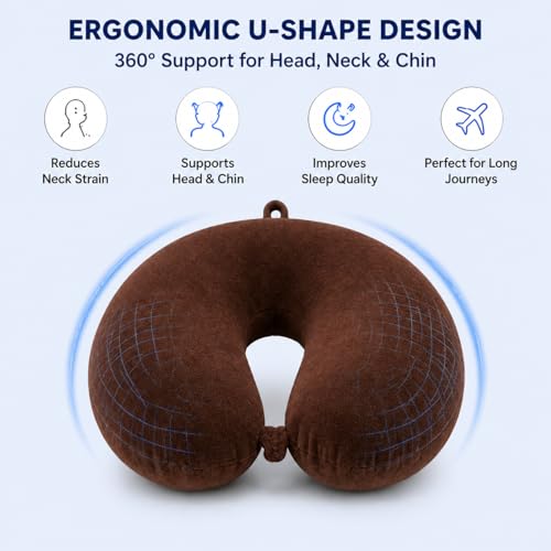 Image of Restify Premium Memory Foam Travel Neck Pillow with Eye Mask | Soft Velvet U Shape Neck Support Cushion for Flight, Airplane, Car & Office Travel | Portable Pillow for Men & Women | Brown