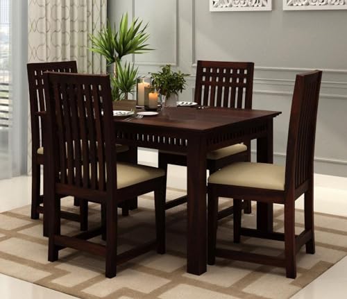 Image of Sheesham Wood 4 Seater Dining Table with Cushioned High Back Chairs for Living Room Home Dining Room Sets Furniture for Dinner Rooms (Mahoghany Finish)