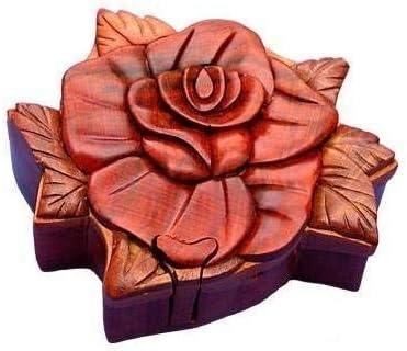 Rose Handmade Carved Wood Intarsia Puzzle Box by The Handcrafted