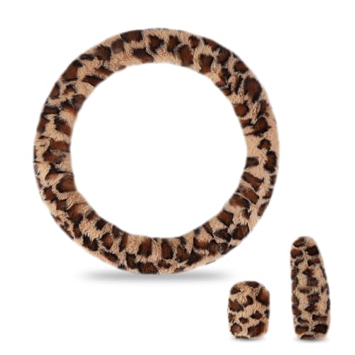 Bawkars 3 PCS Leopard Print Steering Wheel Cover Set, 14-15 Inch Fuzzy Steering Wheel Cover with Handbrake & Gear Shift Cover, Non-Slip Soft Warm Car Interior Accessories for Men Women (Brown)