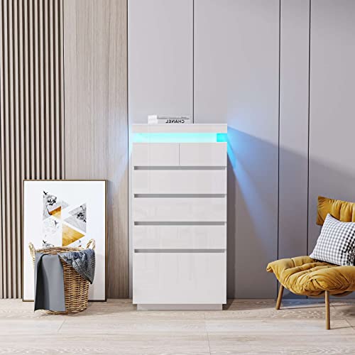 Frithjill 6 - Drawer Chest, 55.12" Tall Modern High Gloss Dresser With Top Rgb Strip Light #TOP18