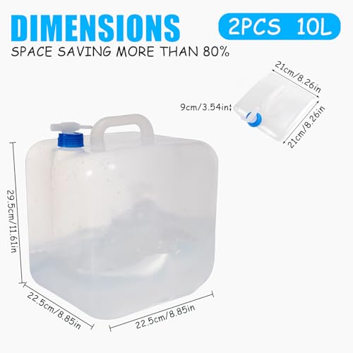 2 Pack Contenedor de Agua Plegable - Jarra de Agua Libre de BPA, Balde Plegable con Grifo y Gancho, Contenedor de Almacenamiento de Agua para Camping, Senderismo y Supervivencia, 10L miniatura 2
