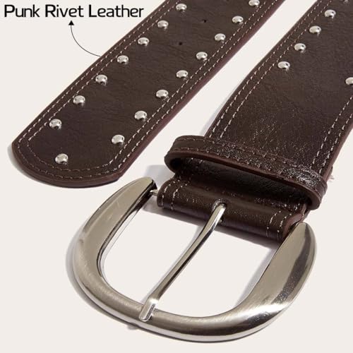 Women Punk Studded Leather Belt Rock Rivet Wide Belt for Dress Pants Cowgirl Thick Belts Metal Buckle Chunky Belts3
