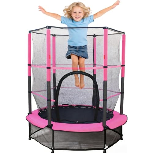 Trampoline enfant 55 pouces rose avec filet de protection et cadre acier 3-6 ans