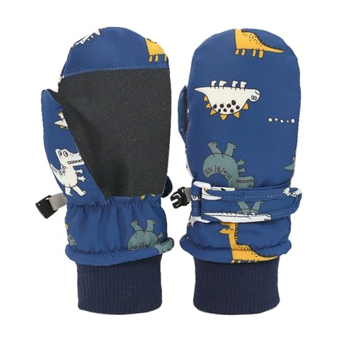Huuflyty Toddler Mittens Waterproof Toddler Gloves Kids Snow Gloves Baby Winter Mittens Warm Fleece Kid Ski Gloves (Navy-Dinosaur, M (2-4years))