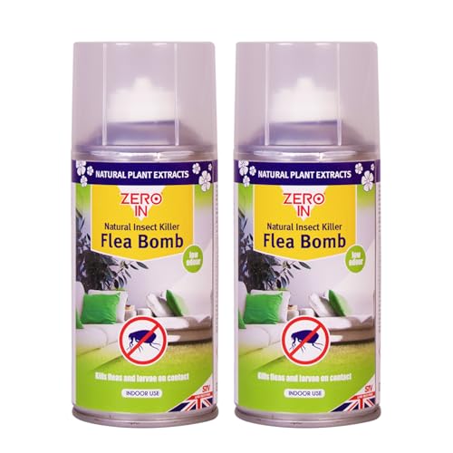 Zero In Natural Insect Killer Flea Bomb 150ml Twin Pack One-Shot Whole Room Flea Treatment Kills Fleas Eggs & Larvae on Contact Natural Pyrethrins No Harmful Residues Treats Up to 40m