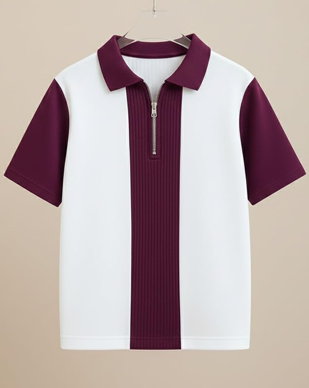 Image of AUSK Men's Textured Vertical Striped Knit Polo T-Shirt | Half Sleeve Zipper Neck Self-Design Casual Tee | Mens Tshirts