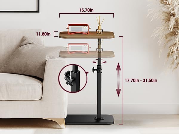 Image of Adjustable C-Type Side Table for Sofa & Bed, 60cm Height 40cm Width, Wooden Top End Table with Metal Base, Space Saving Laptop Table, Living Room Bedroom Snack Coffee Table