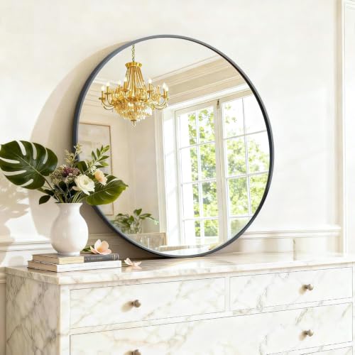 Image of Simple Deluxe 20 Inch Round Bathroom Mirror, Black Vanity Mirror with Metal Frame, Modern Circle for Bathroom, Entryway, Bedroom, Living Room, Wall Mounted Decorative Mirrors (Black)