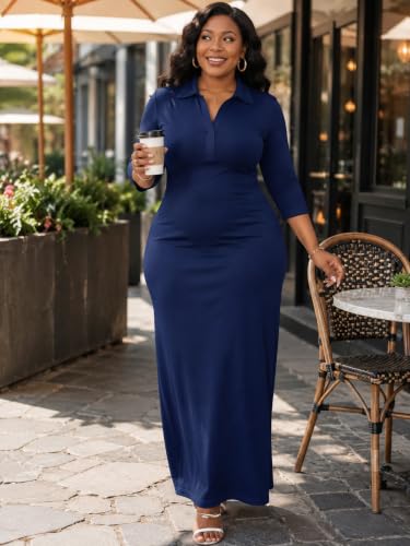 Image of PinkPatty Women's Casual 3 /4 Sleeve Polo V Neck Bodycon Maxi Dress