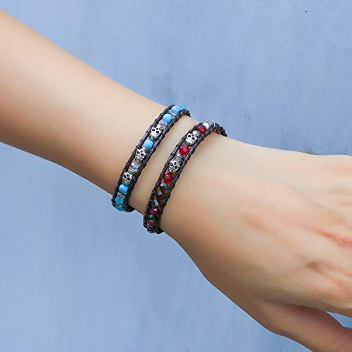 Image of KELITCH 925 Silver Skull Bracelets Wrap Bracelets Women Crystal Beaded Bracelets on Natural Leather