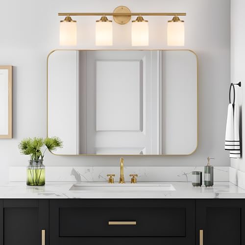 Image of Jonsi Gold Bathroom Light Fixtures 4-Light Vanity Lights Modern Wall Sconce with Milk White Shade Brushed Brass Bathroom Light Fixture Over Mirror for Bedroom Hallway Kitchen