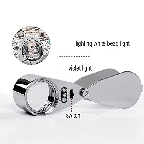Image of Jewelers Loupe 25mm 40x Magnifying Glass with LED Lamp & UV Light Folding Hand-Held Portable Lens for Jewellery, Diamond & Gemstone Grader, Currency, Watchmaker, & General Magnifier