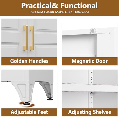 Image of Polup Kitchen Pantry Cabinet, 90 inch Tall Metal Storage Cabinet with Doors | White Heavy-Duty Steel Cupboard, 5 Adjustable Shelves, Magnetic Latch, Gold Handles, for Dining Living Room, Laundry, Garage