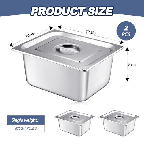 Image of Mifoci 2 Pack Stainless Steam Hotel Pan with Lid, 1 /2 Size x 6 Inch Deep Steam Table Pan Restaurant Supplies Reusable Anti Rust Catering Storage for Home, Party, Restaurant, Hotel, Buffet