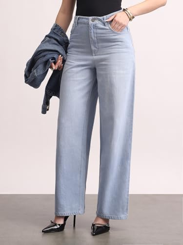 Image of Urbano Fashion Women's High Rise Loose Baggy Fit Washed Jeans Non-Stretchable