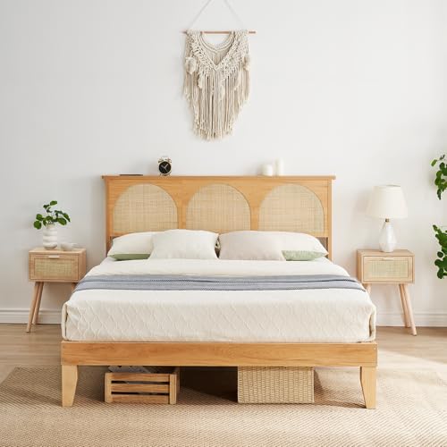 Boho Rattan Bed Frame, Full Wooden Bed Platform with Storage, Smart RGB LED Natural Rattan Headboard, No Box Spring Needed, Under Bed Storage, Easy Assembly Solid Wood Foundation with Silent Slats