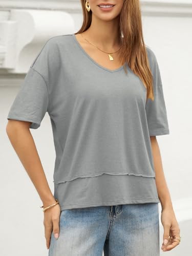 Image of UNCLECAT Womens V Neck T Shirts Summer Trendy Loose Fit Casual Tops Tees | Short sleeve, Spliced hem, Flowy graphic tees,Solid color cute basic t-shirts