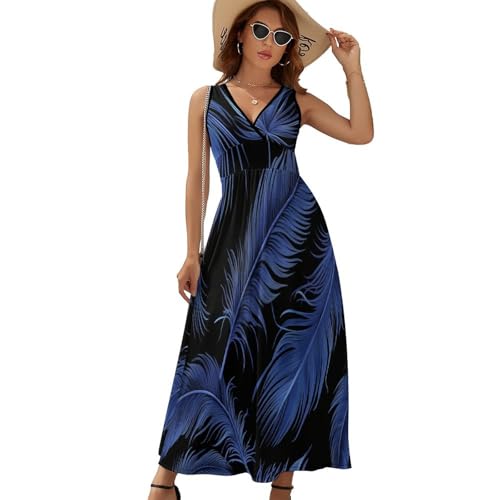 Robe longue été bohème à imprimé plumes pour femme avec col en V sans manches