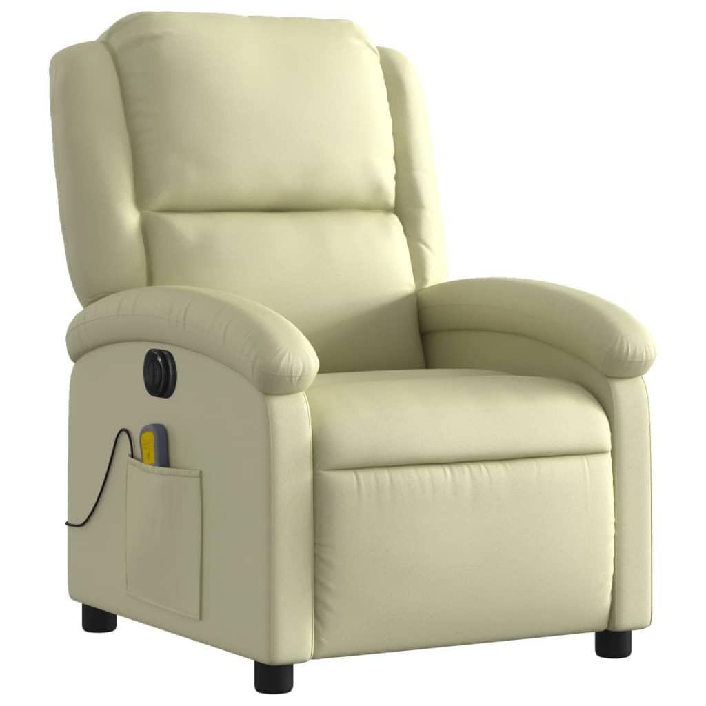 Massagesessel Elektrisch Creme Echtleder mit 6-Punkt-Vibrationsmassage und Elektromotor verstellbar bis 135 Grad, Holz Metall Gestell, bequemer Relaxsessel für Wohnzimmer Büro Lounge Ruhe