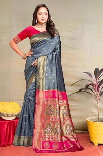 Image of C J Enterprise Women's Pure Kanjivaram Silk Saree Paithani Soft Wedding Sarees With Blouse Piece (Chand paithani)