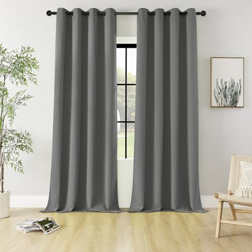 Image of HUTO Blackout Curtains and Drapes for Bedroom - Extra Long Room Darkening Thermal Insulated Solid Window Antique Copper Grommet Draperies for Living Room (Grey, 1 Pair, 52 x 96-Inch)