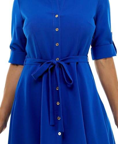Image of Sharagano Women's Pleated Shirt Dress - 3 /4 Sleeve, V-Neck, Gold Buttons
