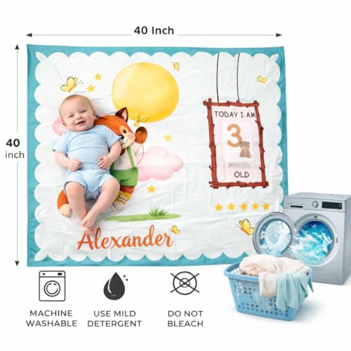 Image of Growth Keepsake Baby Blanket 51 * 43 Inch Fox Theme Custom Name Newborn Monthly Age Marker Blanket Cute Fox Print Background Soft Washable Infant Play Mat