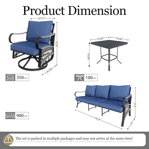 Image of 4 Pieces Outdoor Furniture Set, Patio Conversation Set with Swivel Rocking Chairs Sets and 3-Seater Couch Sofa for Deck, Porch, Garden, Backyard, Poolside (Blue Cushions)