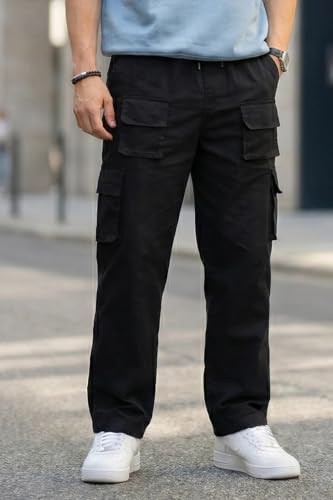 Image of Veirdo Pure Cotton Baggy Fit Regular Length Mid Rise 6 Pocket Cargos for Men (Colors Available: Black, Olive, Grey, Brown & Navy)