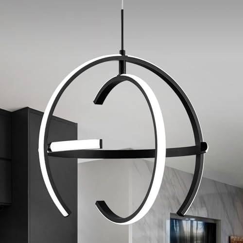 Modern Black LED Chandelier, Globe 4000K Pendant Light Fixture, Round Adjustable Height Dining Room Hanging Light for Kitchen Island Bedroom Hallway Foyer(15.75Inch) Black 15.75 inch