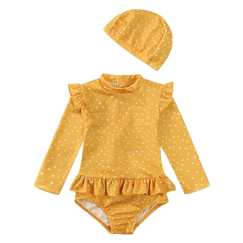 Generisch Traje de baño niños protección UV bebé niña dulce Rash Guard de una pieza UPF 50+ manga larga trajes de baño 0-36 meses y sombrero traje de baño de manga larga para niños pequeños traje de
