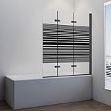 IMPTS Duschwand Faltwand für Badewanne 3 teilig, Schwarz Badewannenaufsatz mit Milchglas Streifen 120x140cm Badewannenfaltwand Duschabtrennung mit 6mm Teilsatiniert Nano ESG Glas 180° Schwingen
