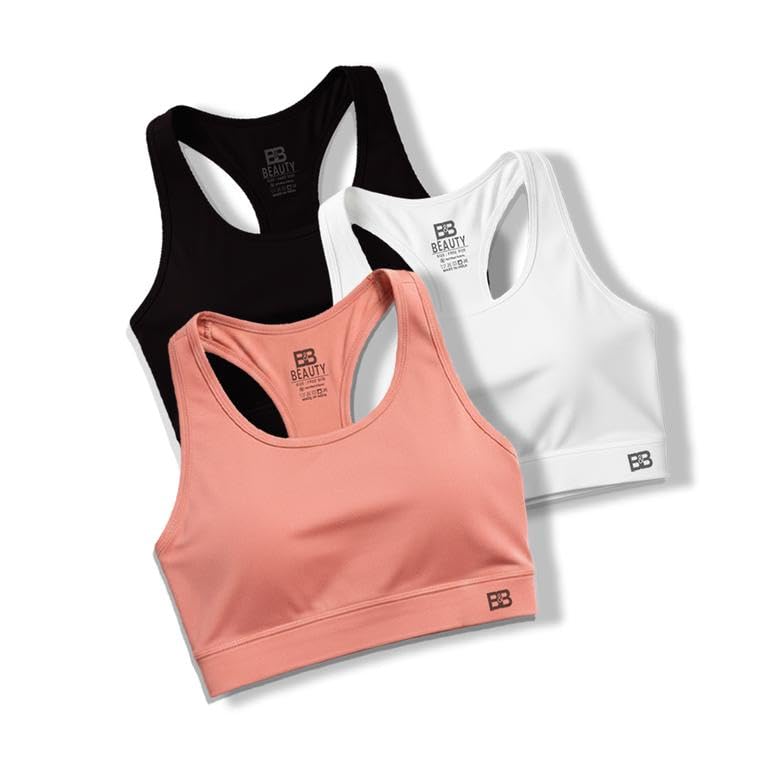 Image of BOLD & BEAUTY Women Cotton Blend Sports Bra with U-Neck, Racerback Style and Regular Straps for Workout, Yoga & Training (Pack of 3)