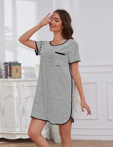 Image of VibeVista Cotton Nightgowns for Women Summers Striped House Dresses Short Sleeve Crew Neck Sleepwear Sleepshirts Sleep Dress