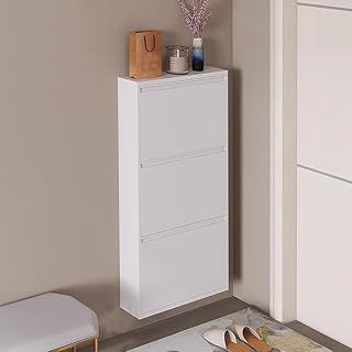 Slim Wall Mounted Shoe Cabinet with Flip Drawers, Hidden Large Shoe Cabinet Storage for Entryway, Narrow Steel Shoes Rack Shoes Organizer for Hallway Corridor(40.6x20x4.8in, White)