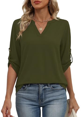 Image of XIEERDUO 3 /4 Length Sleeve Womens Tops V Neck T Shirts Both Side Buttons Blouses Business Casual Outfits Loose Fit