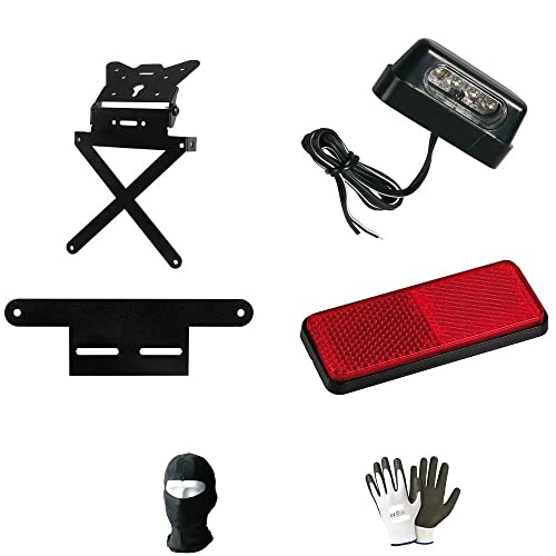 ESCRIZIONE E CARATTERISTICHE PRODOTTO: KIT UNIVERSALE COMPLETO DI 4 PRODOTTI PER MOTO MARCHIO LAMPA COD. SET-PSC1 1° PORTATARGA: - Il portatarga è universale e non specifico, che può essere adattato o che va adattato con qualche modifica - Attacco sottocodone - Alluminio anodizzato - Inclinazione regolabile - Peso 250 grammi - Predisposizione per frecce e luce targa - Dimensioni: Altezza 270 mm - Larghezza 200 mm - Profondità 40 mm - colore nero 2° SUPPORTO PER CATARIFRANGE