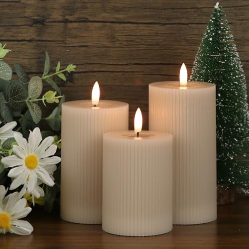 Image of GenSwin Mirror Surface Flameless Candles with Timer, Real Wax LED Pillar Candles Battery Operated with 3D Flame, 3Pcs Stripe Flickering Battery Candles for Christmas Home Decor(Gray, D3 inch x H5 inch6 inch7 inch)
