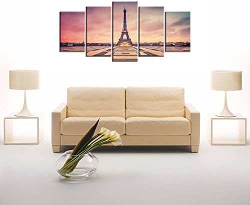 Paris Picture Canvas Prints for Bedroom, PIY Romantic Dusk Wall Art of France Eiffel Tower Painting, 1" Thick Frame, Waterproof Home Decor, Hanging Bracket Mounted Artwork 24x50 overall by 5 piece 1" thick frame Pink
