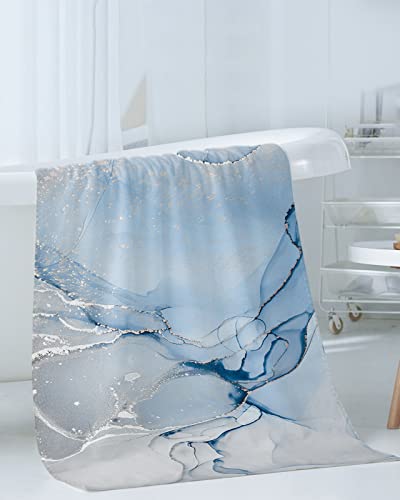 Marble Towel Sets For Bathroom, Microfiber Bath Kitchen Beach Hair Hand Yoga Dish Towels And Washcloths, Modern Abstract Ombre Blue Grey Farmhouse Quick Dry Decorative Towels+Set Accessories Decor #TOP2