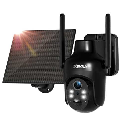 Xega 2,4GHz Caméra Surveillance WiFi Extérieure, Solaire Caméra sans Fil, Vision Nocturne Couleur 3MP, HD PTZ IP Caméra, Détection Mouvement PIR, Étanche IP66,...